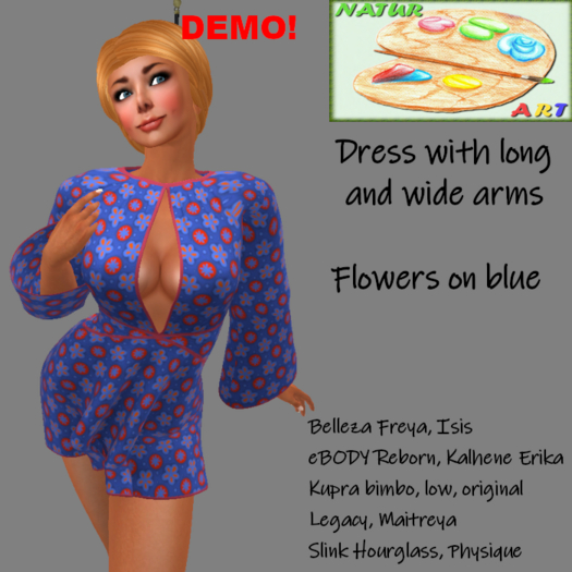 NaturArt Dress with long and wide sleeves, red circles and orange flowers on blue DEMO