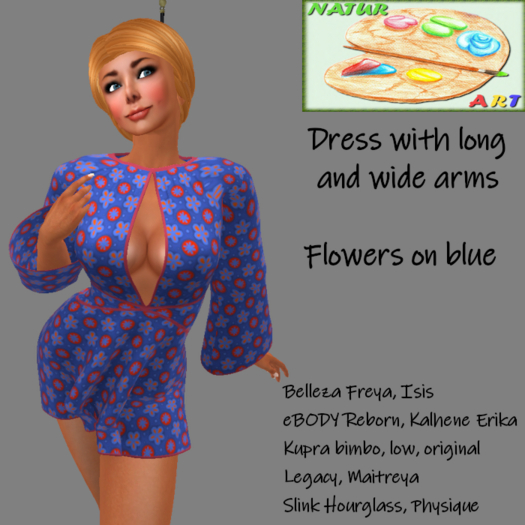 NaturArt Dress with long and wide sleeves, red circles and orange flowers on blue