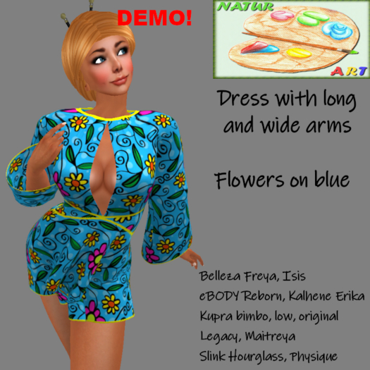 NaturArt Dress with long and wide sleeves: Flowers on blue DEMO