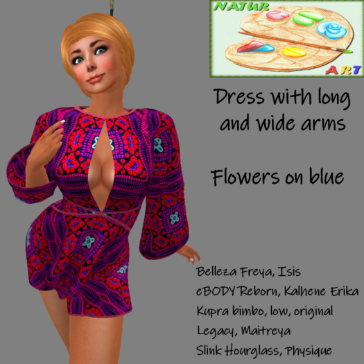 NaturArt Dress with long and wide sleeves: Embroidered Squares