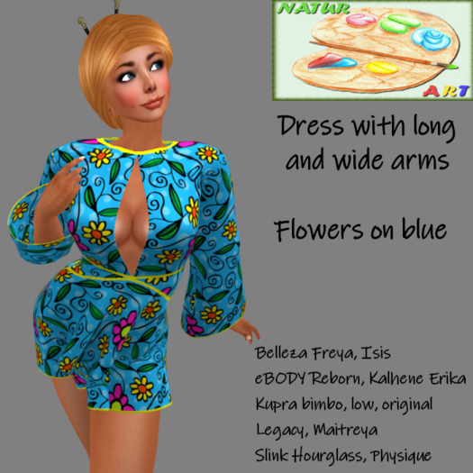 NaturArt Dress with long and wide sleeves: Dress Flowers on blue