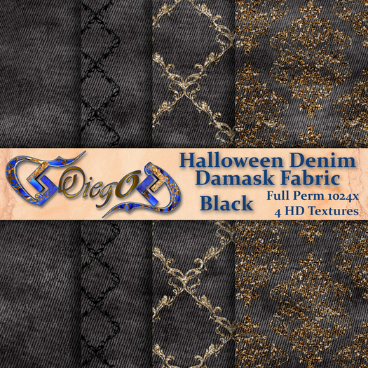 Diego Textures - Denim Damask Black Fabric