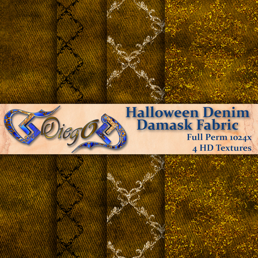 Diego Textures - Denim Damask Gold Fabric