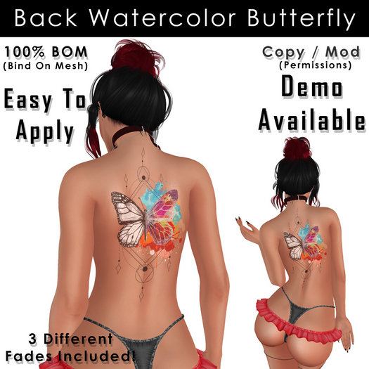 Ladies Back Butterfly Watercolor Tattoo (Demo)