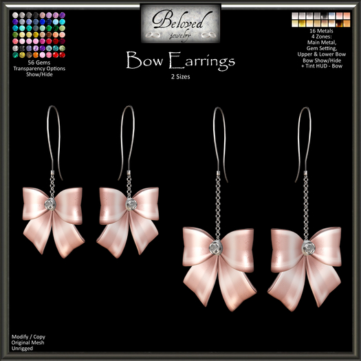 Beloved Jewelry : Bow Earrings (Texture Change).  2 Versions, Silver, Gold, Gemstones, Diamond