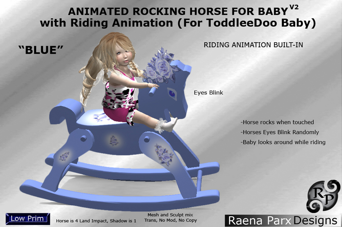 ANIMATED ROCKING HORSE FOR BABY V2, "BLUE" WITH RIDING ANIMATION - FOR TODDLEEDOO BABY - RPD - NEW!!!