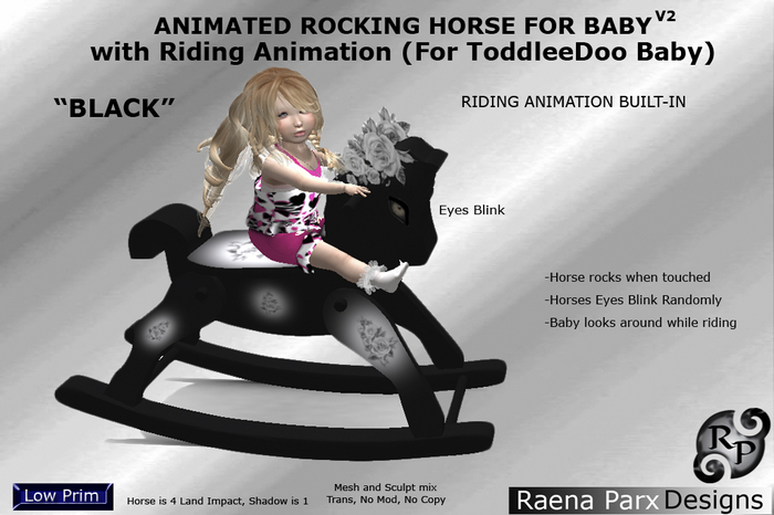 ANIMATED ROCKING HORSE FOR BABY V2, "BLACK" WITH RIDING ANIMATION - FOR TODDLEEDOO BABY - RPD - NEW!!!
