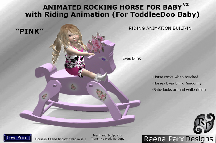 ANIMATED ROCKING HORSE FOR BABY V2, "PINK" WITH RIDING ANIMATION - FOR TODDLEEDOO BABY - RPD - NEW!!!