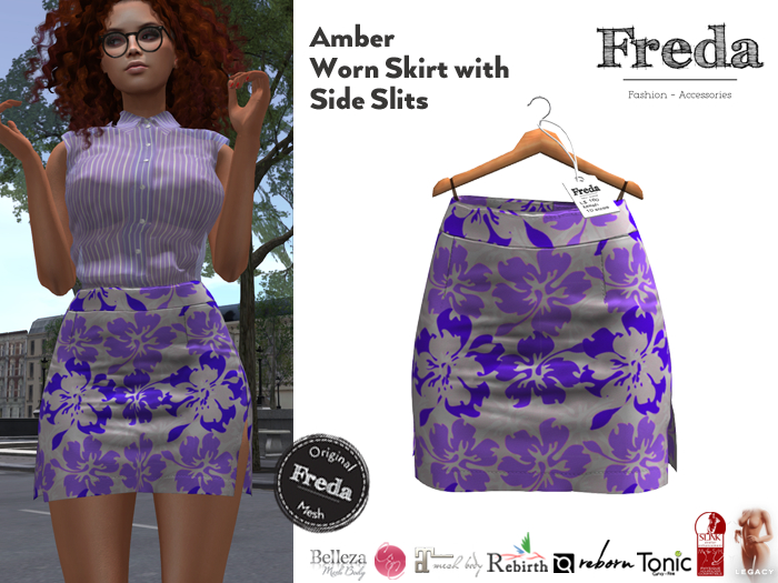 "Freda" Amber Tight Worn Mini Skirt Lilac Purple Flowers, Secretary outfit, Slink, Tonic, Rebirth, Legacy, Reborn, Gen.X