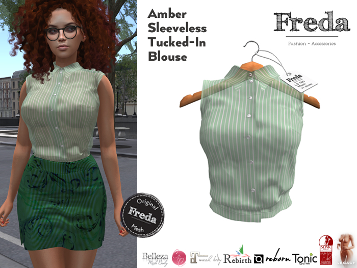 "Freda" Amber Sleeveless Blouse Tucked-In Shirt Green Stripes, Secretary, Office, Freya, Rebirth, Reborn, Tonic, Slink