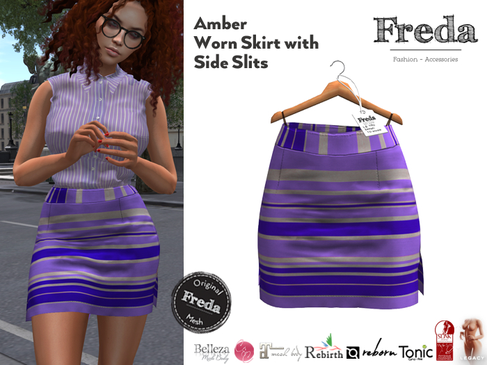 "Freda" Amber Tight Worn Mini Skirt Lilac Purple Stripes, Secretary outfit, Slink, Tonic, Rebirth, Legacy, Reborn, Gen.X