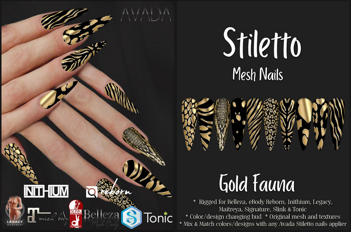 Avada~ Stiletto Nails - Gold Fauna