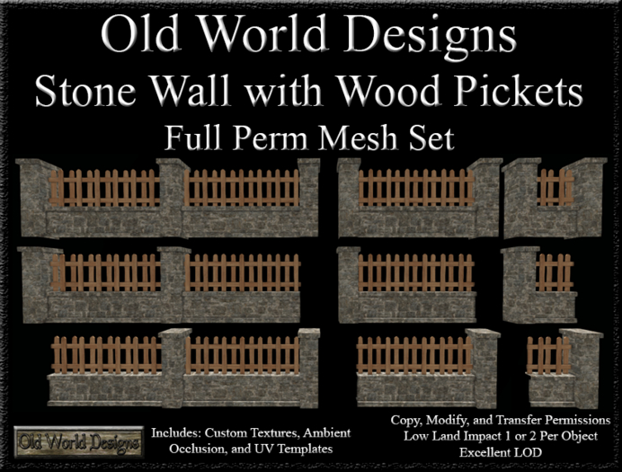 Old World Designs Stone Wall with Wooden Pickets Full Perm Builders Mesh Fence Set