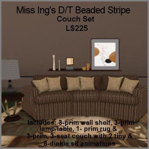 Miss Ing's DT Beaded Striped Couch Set Brown