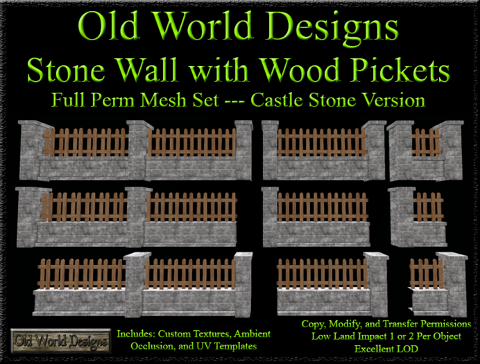Old World Designs Castle Stone Wall with Wooden Pickets Full Perm Builders Mesh Fence Set - Castle Stone Texture version