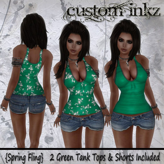 CUSTOM iNKZ  Spring Fling - Green  2 Tops (Floral Print & Solid) & Denim Shorts