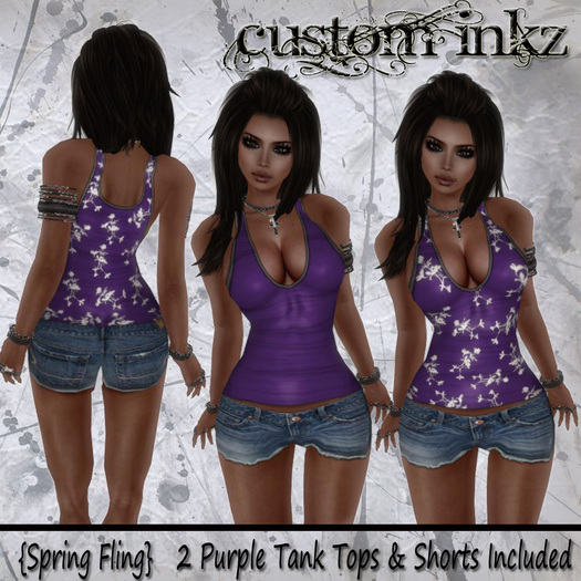 CUSTOM iNKZ  Spring Fling - Purple  2 Tops (Floral Print & Solid) & Denim Shorts