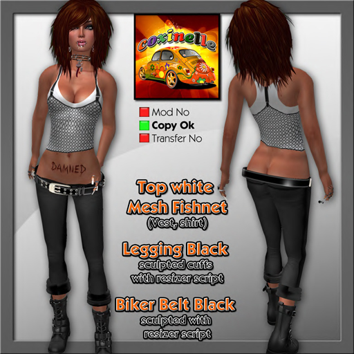 Coxi - Sexy Top White Mesh Fishnet, leggins black and biker belt