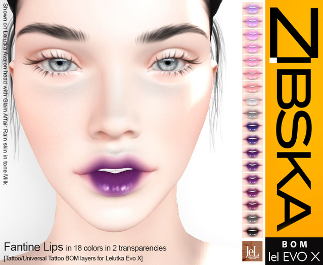 Zibska Evo X ~ Fantine Lips in 18 colors in 2 transparencies with tattoo and universal tattoo BOM layers