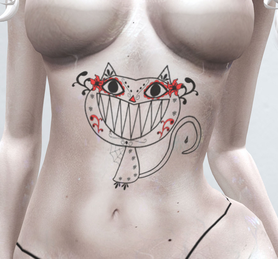 *CURSED ASYLUM* 001 CARTOON MONSTER CAT BELLY TATTOO bom bake on mesh classic avatar