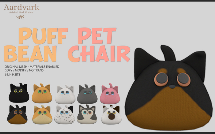 Aardvark : Puff Pet Bean Chair -  Rudy