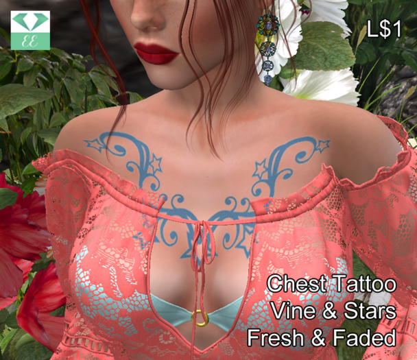 Chest Tattoo - Vine & Stars - Blue Ink Fresh & Faded