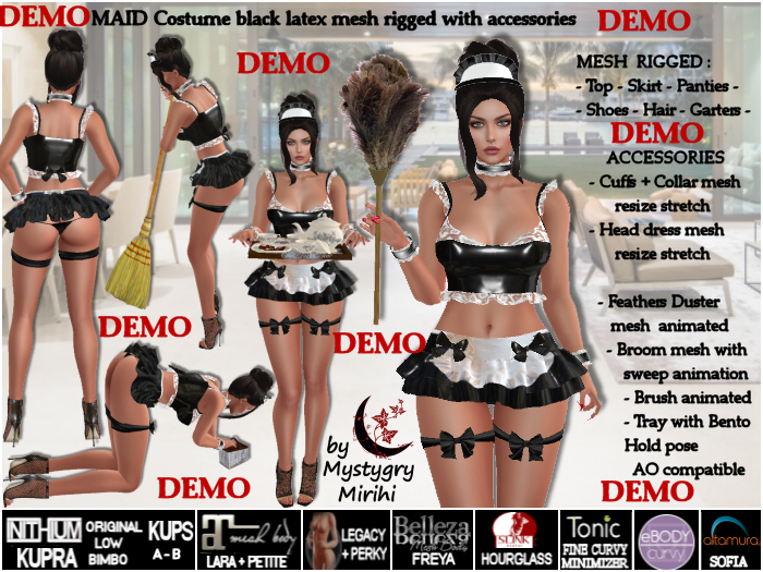 DEMO Maid costume black latex mesh rigged, hair,feathers duster,brush,broom,tray,kupra,legacy,maitreya,freya,hourglass,e