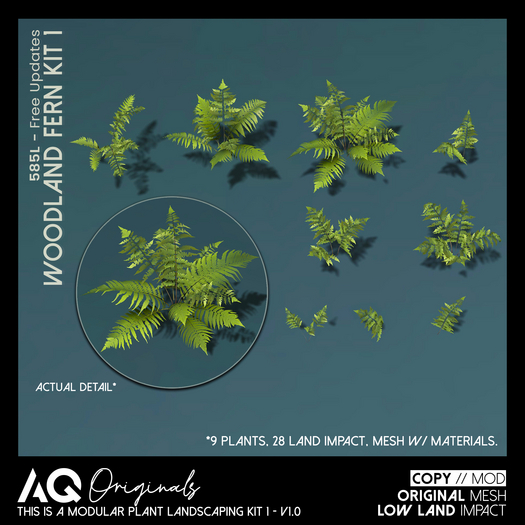 [AQ] Woodland Fern Mesh Kit 1 /w 9 Fern Plants, 28 Land Impact Total, Original Mesh!