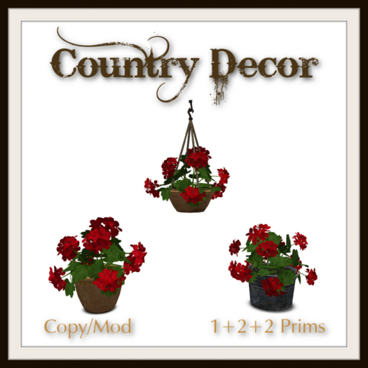 = Country Decor = Geraniums in Flower Pots