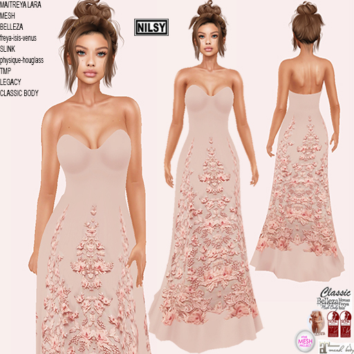 APPLIQUE CHIFFON GOWN,CL&MESH BODY