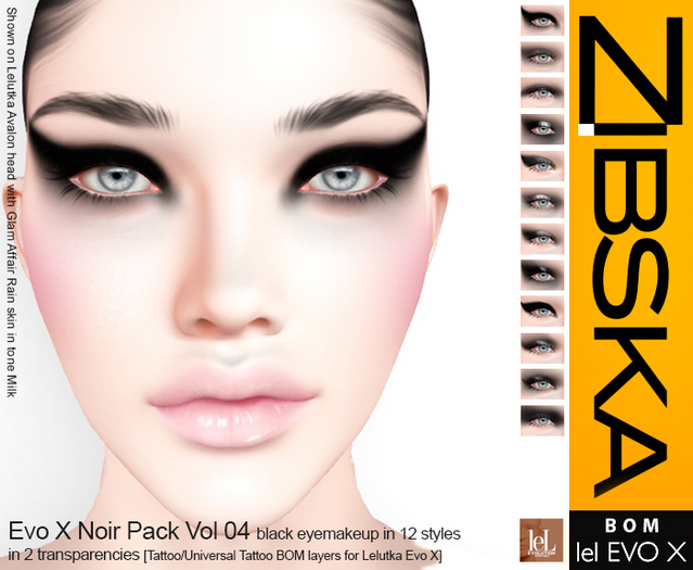 Zibska Evo X ~ Noir Pack Vol 04 Black Eyeshadow in 12 styles in 2 transparencies tattoo and universal tattoo BOM layers