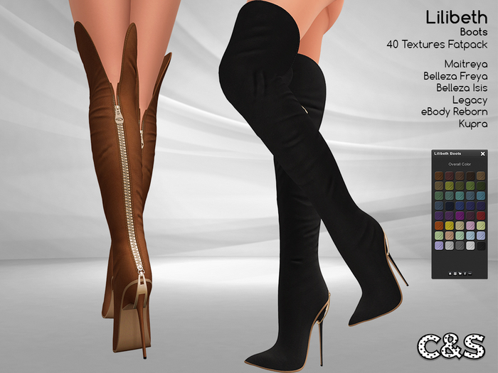 C&S Lilibeth Boots for Maitreya Lara, Belleza, Isis, Freya, Kupra, Legacy and eBody Reborn. 40 Textures.