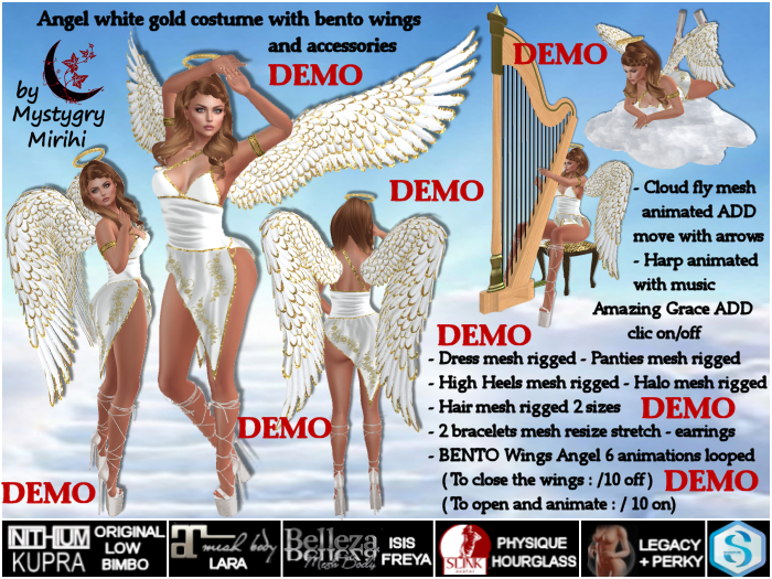 DEMO Angel white gold costume mesh rigged,bento wings, hair,shoes,harp,cloud,kupra,legacy,maitreya,freya,slink,signature