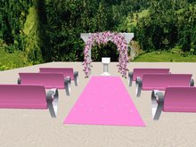 PROMO PINK wedding Package: Wedding cake, aisle, minister stand/podium, benches, tables, chairs, arch, candle
