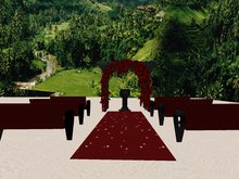 PROMO GOTHIC RED wedding Package: Wedding cake, aisle, minister stand/podium, benches, tables, chairs, arch, candle