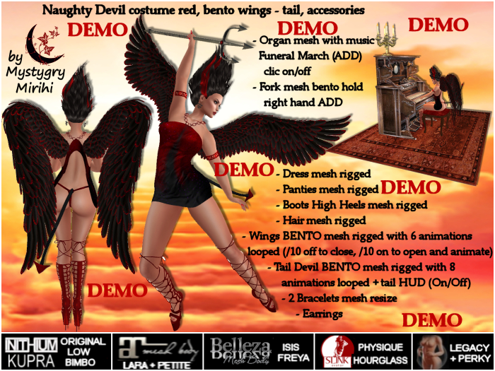 DEMO Naughty Devil costume red,hair,bento wings,tail animated,boots,organ,fork,kupra,legacy,maitreya,belleza,slink