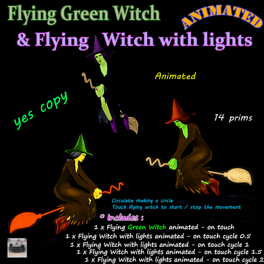 Flying Green Witch & Flying Witch with lights animated 