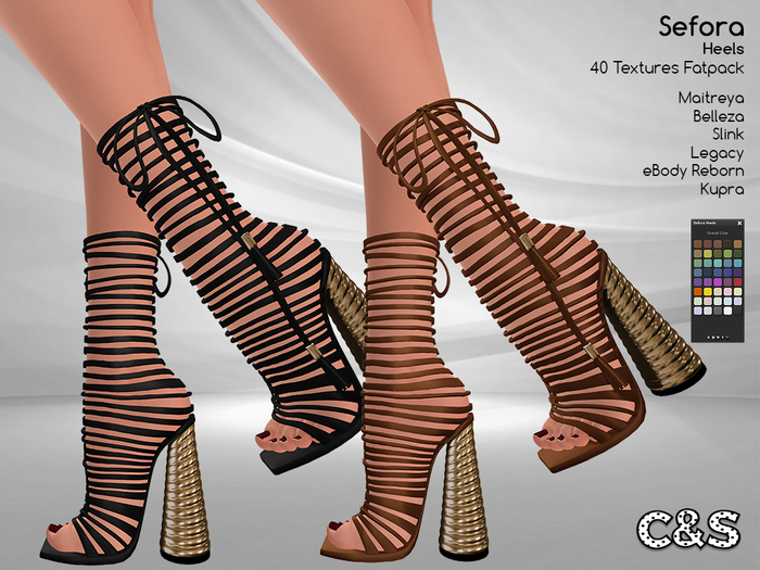 C&S Sefora Heels for Maitreya Lara, Belleza, Slink, Kupra, Legacy and eBody Reborn. 40 Textures.