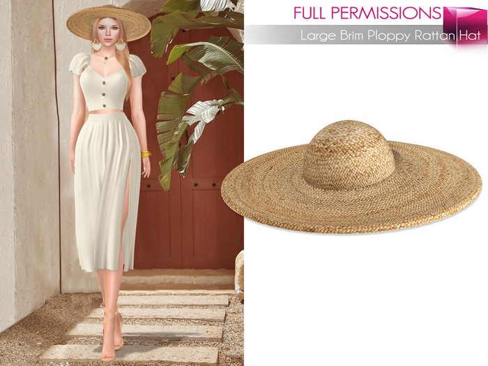 Full Perm Large Brim Ploppy Rattan Hat