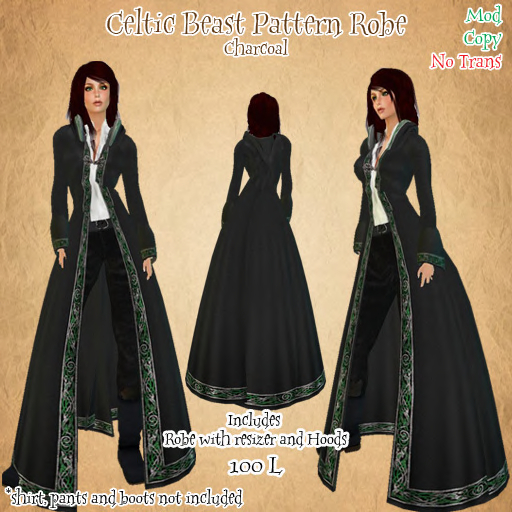 Celtic Beast Robe, Charcoal grn/sil trim