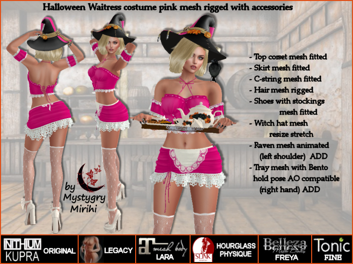 Halloween Waitress costume pink mesh rigged,hair,wooden tray,bento pose,raven,kupra,legacy,maitreya,belleza,slink,tonic