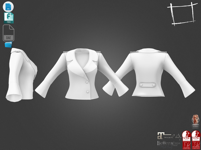 Dae Obj FBX For Closed Front Bell Sleeves Uniform Jacket Maitreya, Slink, Belleza (Isis,Freya), Legacy
