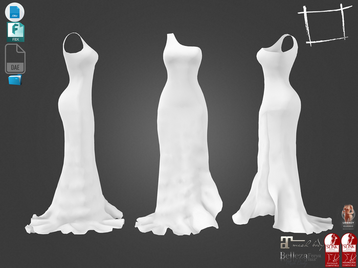 Dae Obj FBX One Shoulder Shell Bottom Long Dress Maitreya Slink Physique Hourglass Belleza Isis Legacy