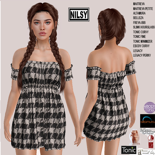 OFFSHOULDER TWEED DRESS,MESH BODY
