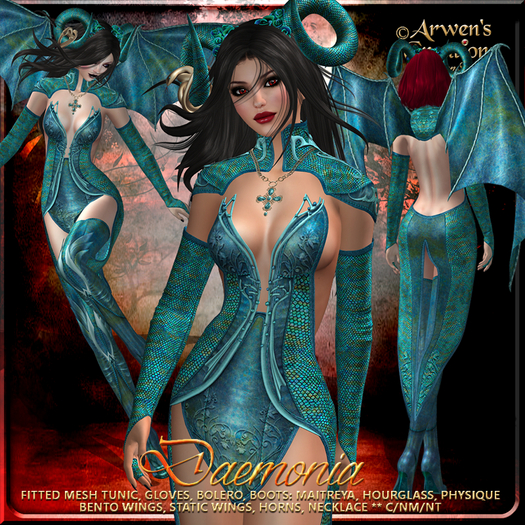 {AS} Daemonia Fitted Mesh Outfit: Turquoise Water Demon, Devil, Drow; RP - Halloween; Maitreya, Hourglass, Physique