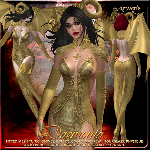 {AS} Daemonia Fitted Mesh Outfit: Ancient Gold Demon Queen, Devil, Drow; Halloween; Maitreya, Hourglass, Physique
