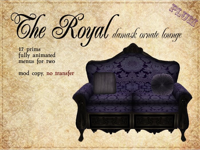 Second Life Marketplace Gothic Victorian Sofa ('Royal' plum damask)
