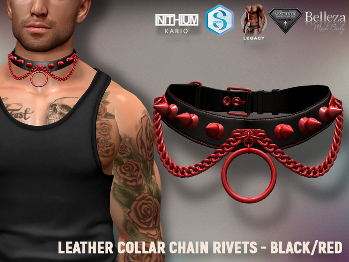 [7/11] Leather Collar Chain Rivets - Black/Red