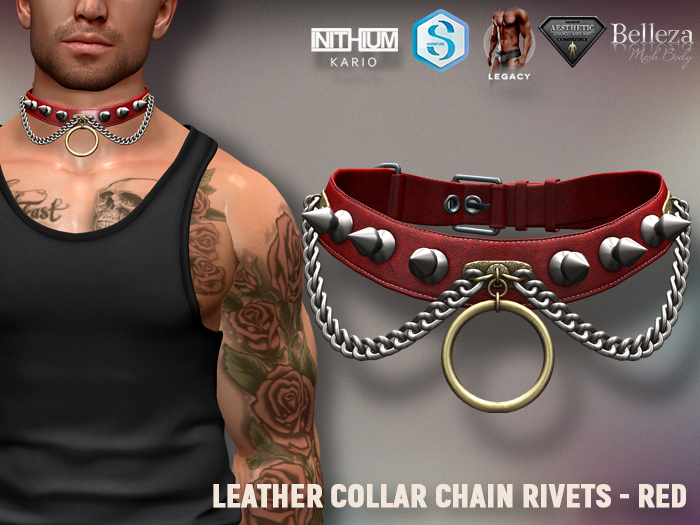 [7/11] Leather Collar Chain Rivets - Red