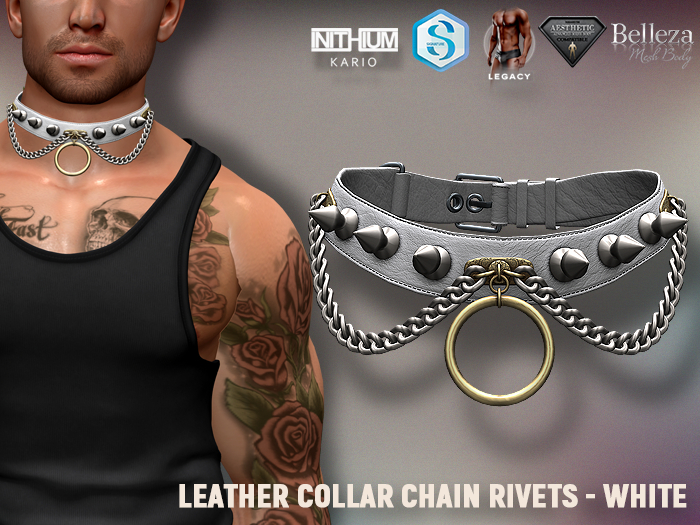 [7/11] Leather Collar Chain Rivets - White